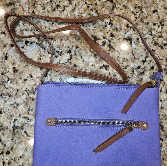 Joy by Joy Mangano Purple and Camel Leather Crossbody Bag Shoulder Purse - Picture 5 of 9